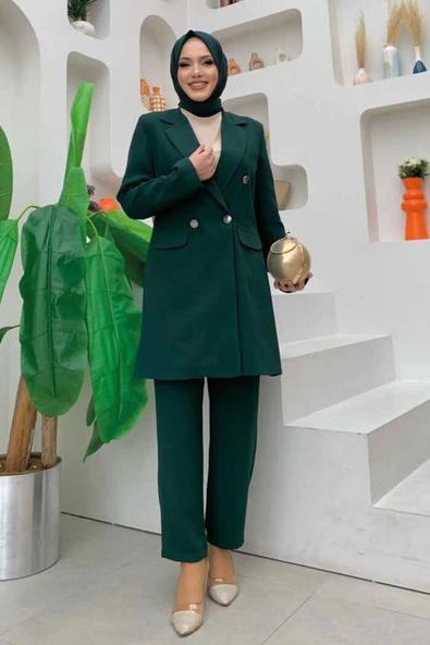 Düğme Detaylı Kısa Ceket Pantolon Takım 8352 Zümrüt ürün görseli