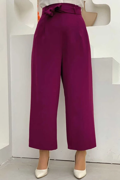 Fermuarlı Bel Bağcıklı Pantolon 0174 Mor