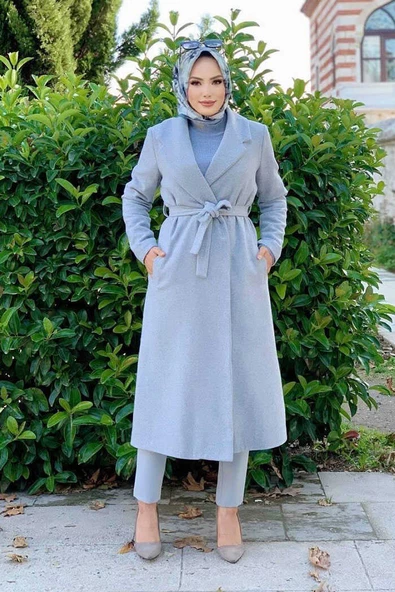 Bel Kuşaklı Astarlı Kaşe Kaban 7519 Gri