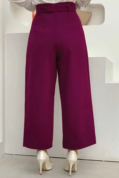 Fermuarlı Bel Bağcıklı Pantolon 0174 Mor - 4