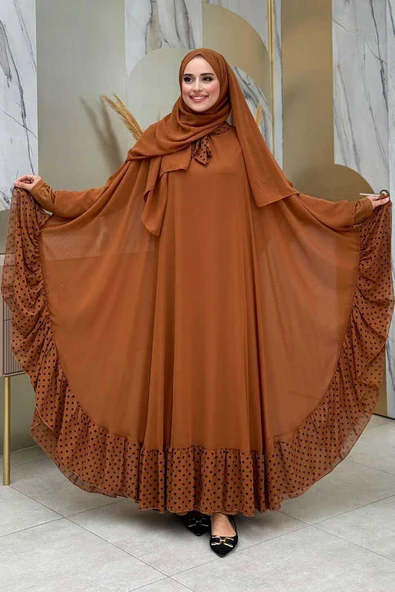 Benekli Yaka Detay Şifon Pelerinli Elbise Takım 3643 Taba - Resim 3