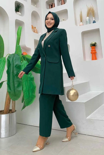 Düğme Detaylı Kısa Ceket Pantolon Takım 8352 Zümrüt - Resim 2