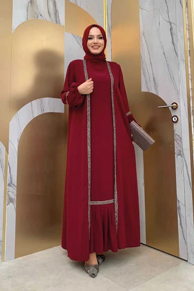 Taş Detaylı Abaya Sıfır Kol Elbise Takım 3657 Bordo