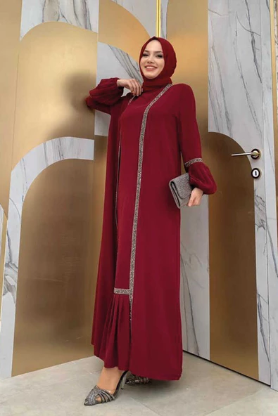 Taş Detaylı Abaya Sıfır Kol Elbise Takım 3657 Bordo - 3