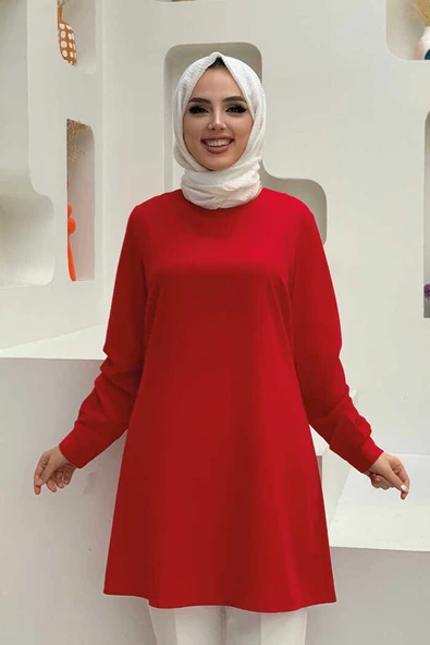 Kol Manşetleri Düğmeli Bisiklet Yaka Uzun Tunik 2649 Kırmızı