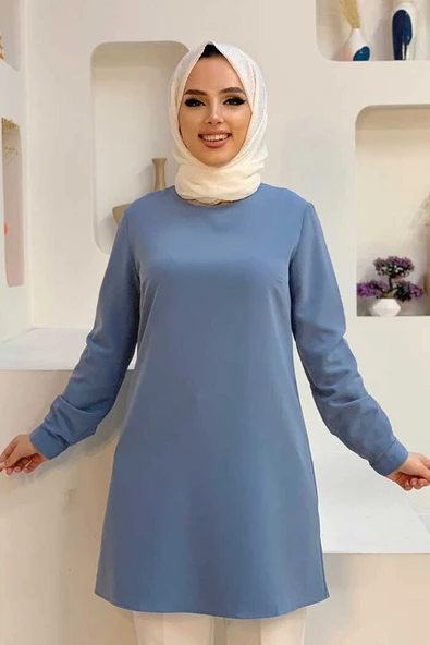 Kol Manşetleri Düğmeli Bisiklet Yaka Uzun Tunik 2649 İndigo