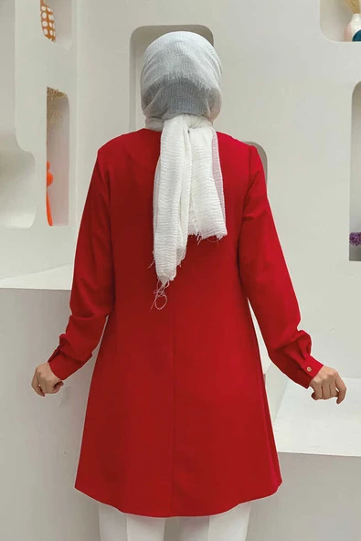 Kol Manşetleri Düğmeli Bisiklet Yaka Uzun Tunik 2649 Kırmızı - Resim 2
