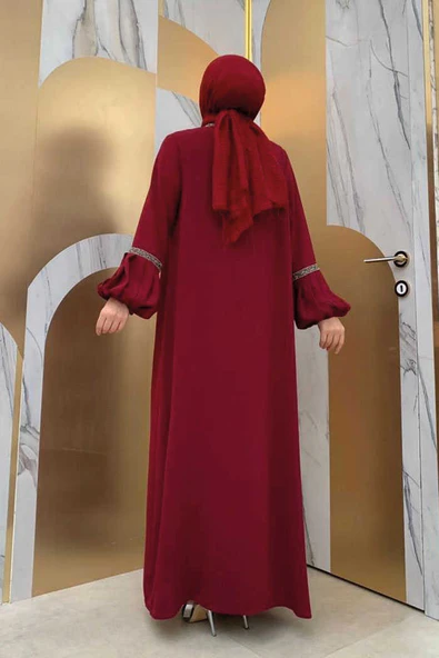 Taş Detaylı Abaya Sıfır Kol Elbise Takım 3657 Bordo - 8