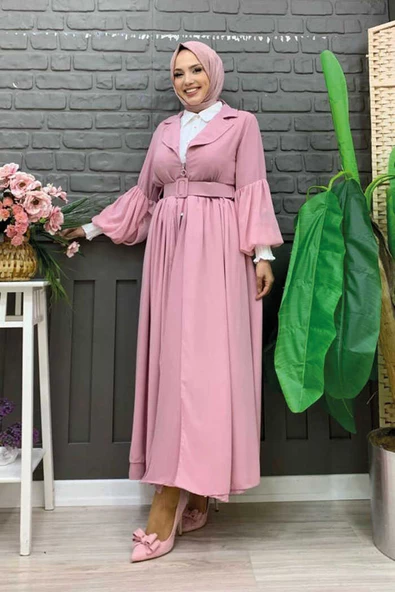 Kemer Aksesualrı Şifon Detaylı Abaya ve İçlik Takım 8391 Pudra - Resim 2