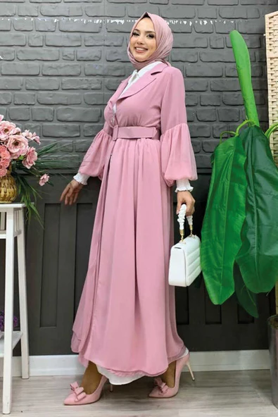 Kemer Aksesualrı Şifon Detaylı Abaya ve İçlik Takım 8391 Pudra - Resim 7