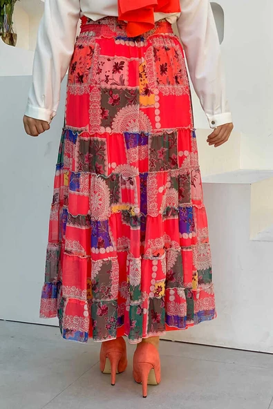 Bel Kalın Lastik Görünümlü Kat Kat Detay Desenli Şifon Etek 1182 Fuşya - Resim 4