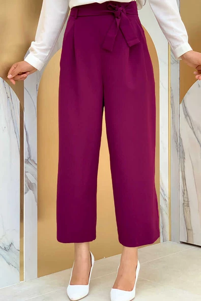 Fermuarlı Bel Bağcıklı Pantolon 0174 Mürdüm