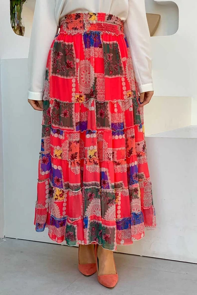 Bel Kalın Lastik Görünümlü Kat Kat Detay Desenli Şifon Etek 1182 Fuşya - Resim 2