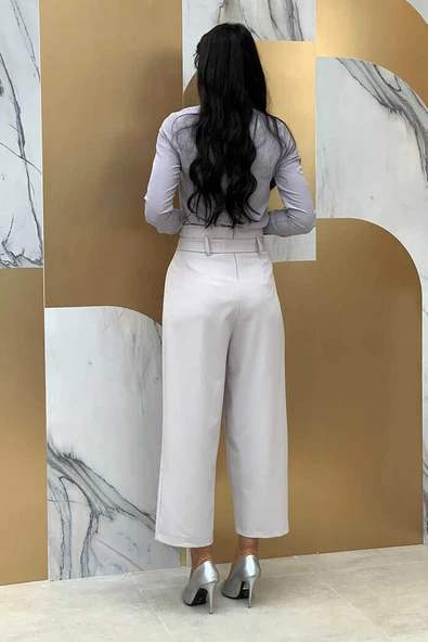 Fermuarlı Bel Bağcıklı Pantolon 0174 Gri - Resim 3