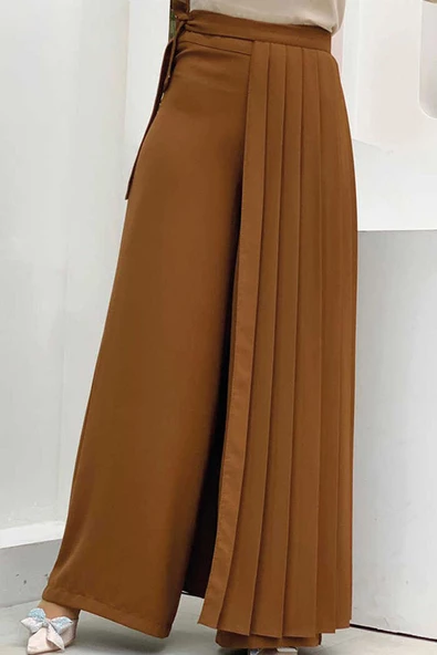 Piliseli Ayrı Bağlamalı Parça Detaylı Pantolon Etek 0274 Taba