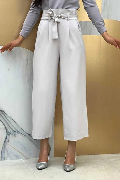 Fermuarlı Bel Bağcıklı Pantolon 0174 Gri