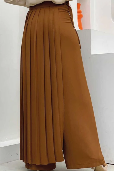 Piliseli Ayrı Bağlamalı Parça Detaylı Pantolon Etek 0274 Taba - Resim 2