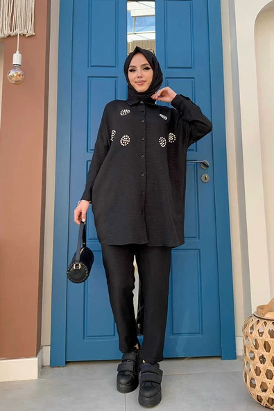 Taş Detaylı Düğmeli Tunik ve Pantolon Takım 8403 Siyah - 5