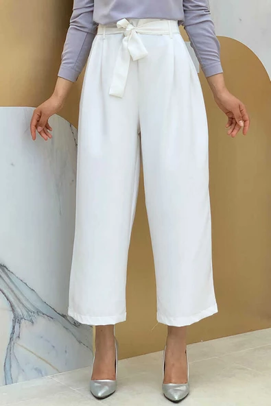 Fermuarlı Bel Bağcıklı Pantolon 0174 Ekru