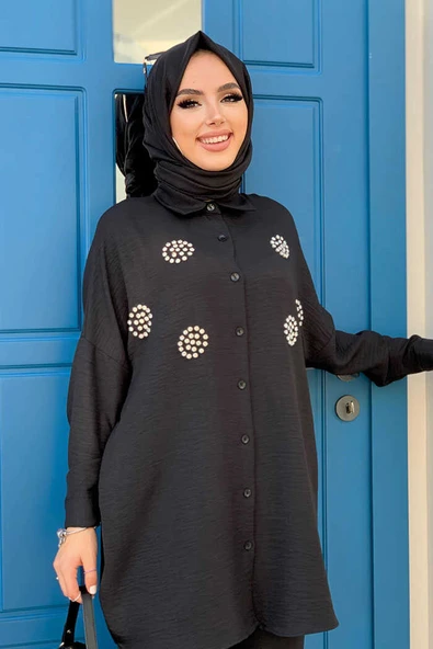 Taş Detaylı Düğmeli Tunik ve Pantolon Takım 8403 Siyah - 8