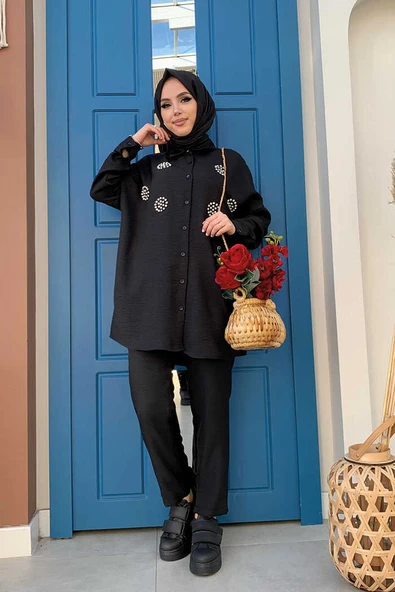 Taş Detaylı Düğmeli Tunik ve Pantolon Takım 8403 Siyah - 7