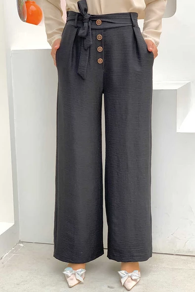Düğme Detaylı Bel Bağlamalı Cepli Bol Pantolon 0275 Siyah ürün görseli 1