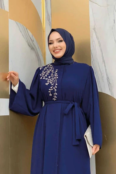 Omuz Taş İşlemeli Bel Bağlamalı Ferace 7805 Lacivert - 8