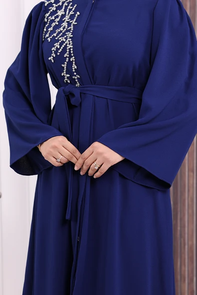 Omuz Taş İşlemeli Bel Bağlamalı Ferace 7805 Lacivert - Resim 7