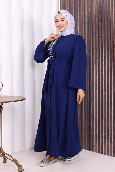 Omuz Taş İşlemeli Bel Bağlamalı Ferace 7805 Lacivert - Resim 4