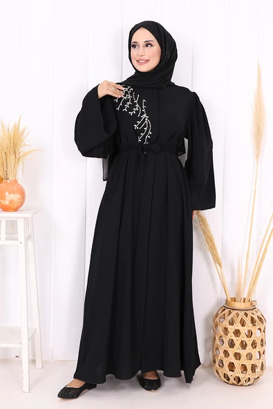 Omuz Taş İşlemeli Bel Bağlamalı Ferace 7805 Siyah - Resim 2