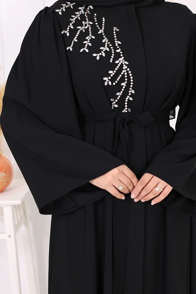Omuz Taş İşlemeli Bel Bağlamalı Ferace 7805 Siyah - Resim 4