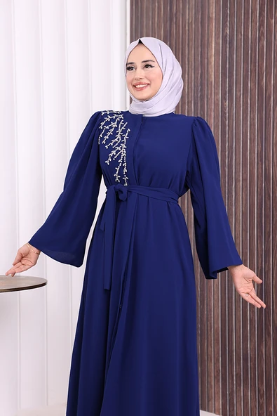 Omuz Taş İşlemeli Bel Bağlamalı Ferace 7805 Lacivert - Resim 6