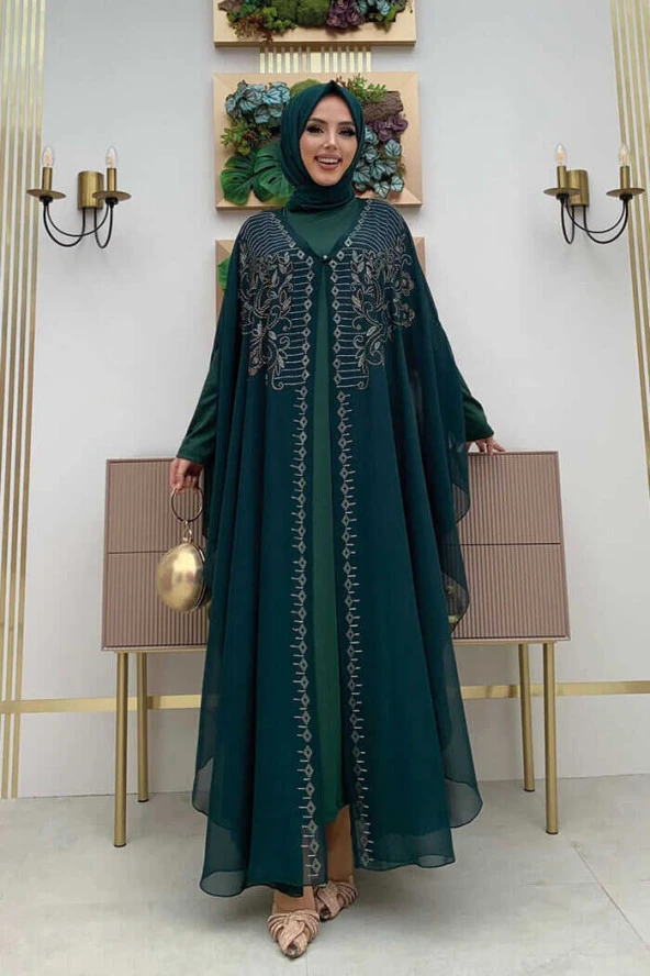 Taş İşlemeli Şifon Pelerinli Elbise Abiye Takım 3772 Zümrüt