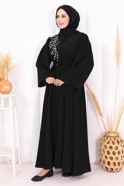 Omuz Taş İşlemeli Bel Bağlamalı Ferace 7805 Siyah ürün görseli