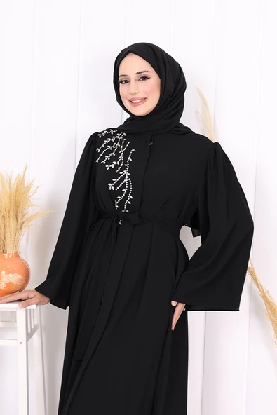Omuz Taş İşlemeli Bel Bağlamalı Ferace 7805 Siyah - Resim 5