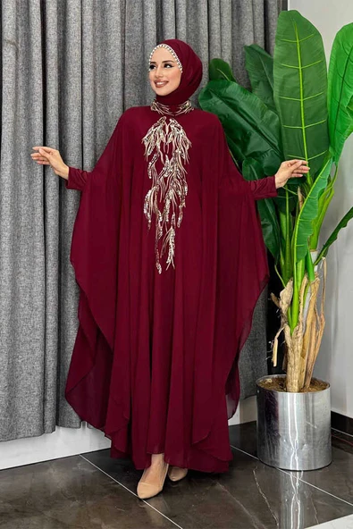 Pul Payet İşlemeli Şifon Pelerinli Elbiseli Abiye Takım 3774 Bordo - Resim 3