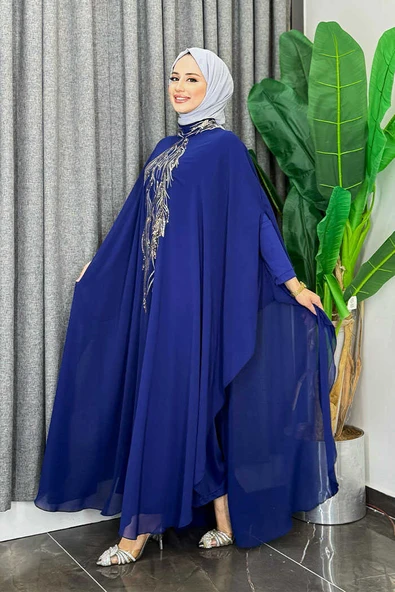 Pul Payet İşlemeli Şifon Pelerinli Elbiseli Abiye Takım 3774 Lacivert - 2