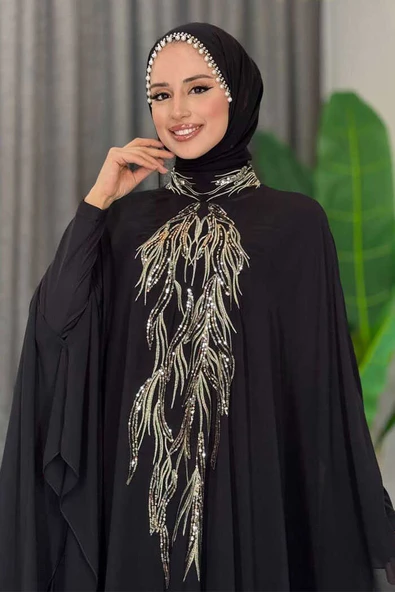 Pul Payet İşlemeli Şifon Pelerinli Elbiseli Abiye Takım 3774 Siyah - Resim 4