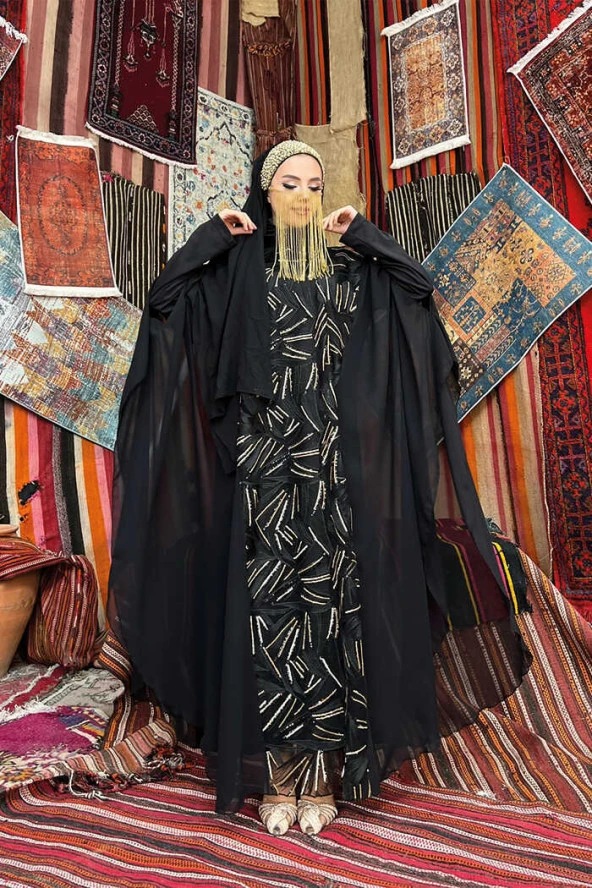 Şifon Pul Payet İşlemeli Pelerinli Elbise Abiye Takım 3775 Siyah