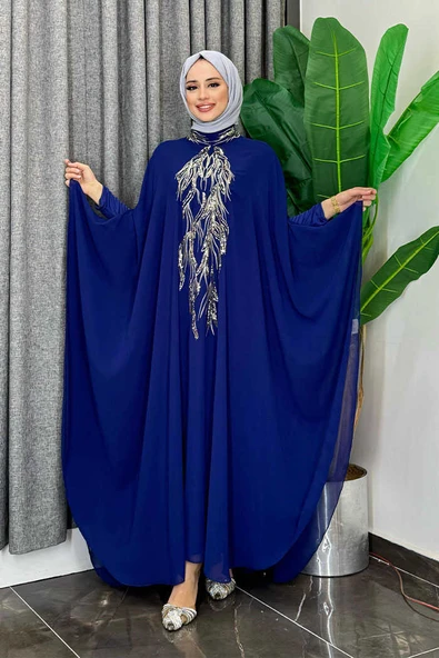 Pul Payet İşlemeli Şifon Pelerinli Elbiseli Abiye Takım 3774 Lacivert