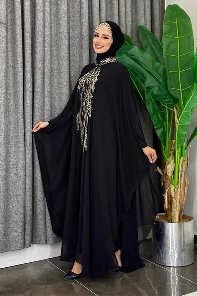 Pul Payet İşlemeli Şifon Pelerinli Elbiseli Abiye Takım 3774 Siyah - Resim 3