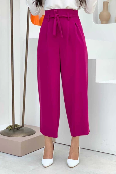 Fermuarlı Bel Bağcıklı Pantolon 0174 Fuşya