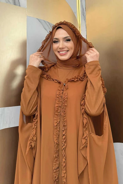 Kapişonlu Belirli Kısımları Fırfır Detaylı Abayalı Elbise Takım 3778 Taba - Resim 4