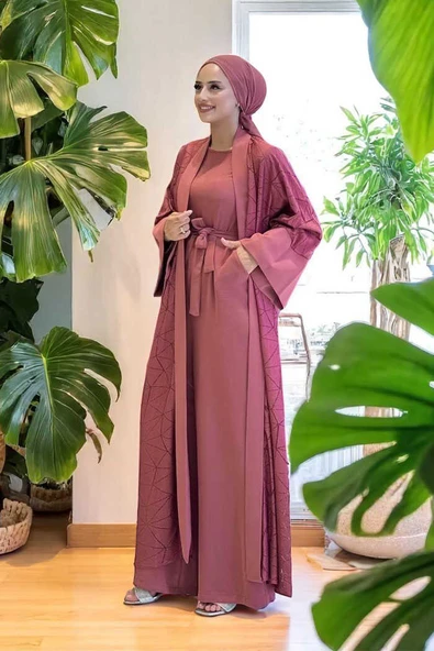 Dantel Abaya Bel Kuşaklı Cep Detaylı Tulum Takım 3782 Gül Kurusu - 3