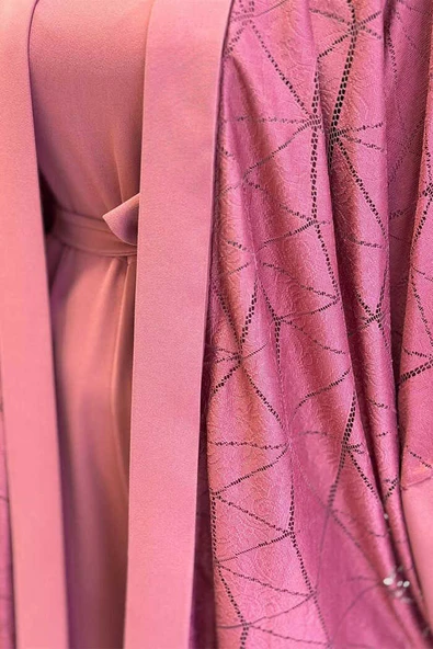 Dantel Abaya Bel Kuşaklı Cep Detaylı Tulum Takım 3782 Gül Kurusu - 4