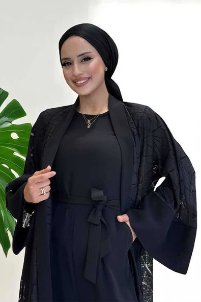 Dantel Abaya Bel Kuşaklı Cep Detaylı Tulum Takım 3782 Siyah - Resim 4
