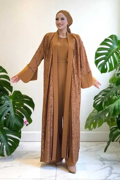 Dantel Abaya Bel Kuşaklı Cep Detaylı Tulum Takım 3782 Taba