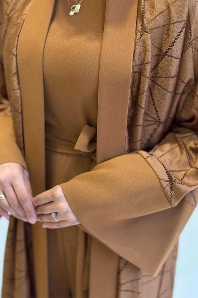 Dantel Abaya Bel Kuşaklı Cep Detaylı Tulum Takım 3782 Taba - 4