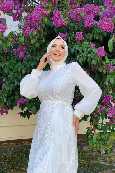 Dantel Görünümlü Şifon Fırfır Detay Elbise 3783 Ekru - 8