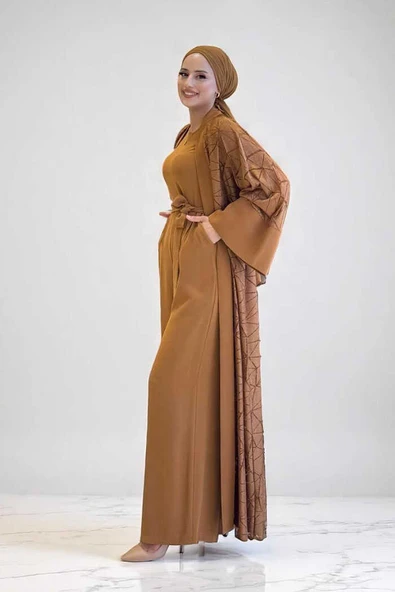 Dantel Abaya Bel Kuşaklı Cep Detaylı Tulum Takım 3782 Taba - 3